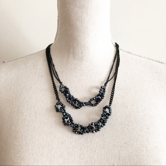 Jewelry - Navy Blue Jewel Beaded Double Layered Necklace with Gun Metal Chain